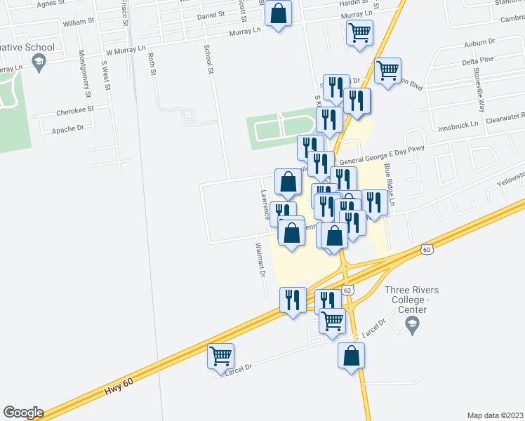map of restaurants, bars, coffee shops, grocery stores, and more near 12058 Lawrence in Sikeston