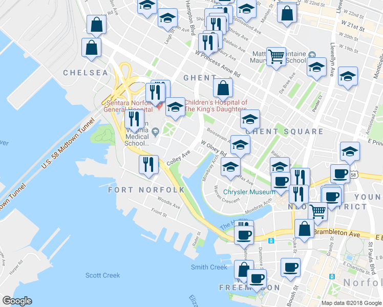 map of restaurants, bars, coffee shops, grocery stores, and more near 619 Fairfax Avenue in Norfolk