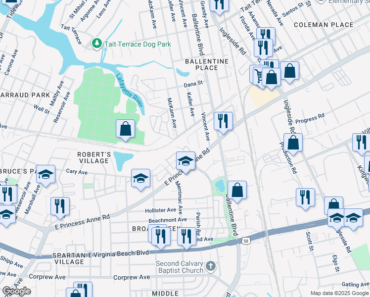 map of restaurants, bars, coffee shops, grocery stores, and more near 1474 Godfrey Avenue in Norfolk