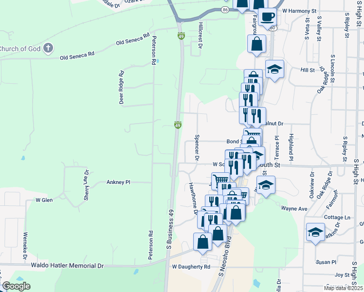 map of restaurants, bars, coffee shops, grocery stores, and more near 802 Hawthorne Drive in Neosho
