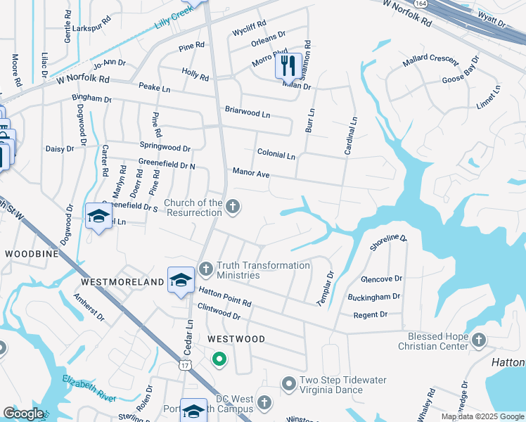 map of restaurants, bars, coffee shops, grocery stores, and more near 6 Canterbury Court in Portsmouth