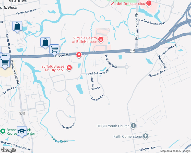 map of restaurants, bars, coffee shops, grocery stores, and more near 379 Canaan Circle in Suffolk