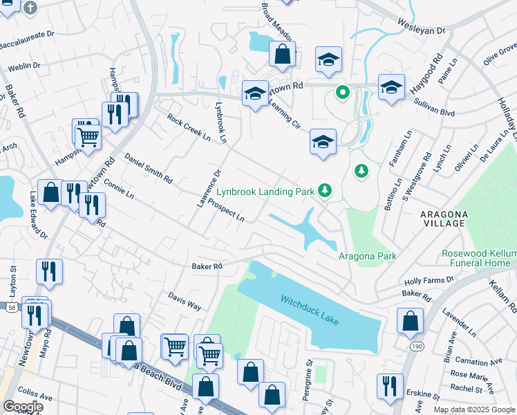 map of restaurants, bars, coffee shops, grocery stores, and more near 647 Goose Creek Road in Virginia Beach