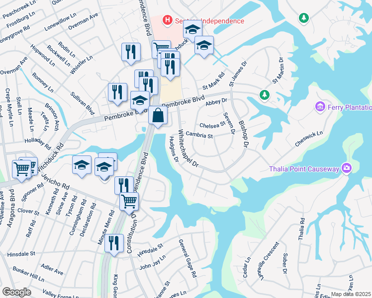 map of restaurants, bars, coffee shops, grocery stores, and more near 656 Whitechapel Drive in Virginia Beach