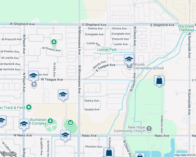 map of restaurants, bars, coffee shops, grocery stores, and more near 310 Trenton Avenue in Clovis