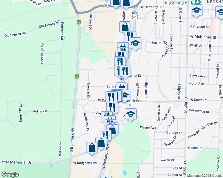 map of restaurants, bars, coffee shops, grocery stores, and more near 1001-1099 Bond St in Neosho