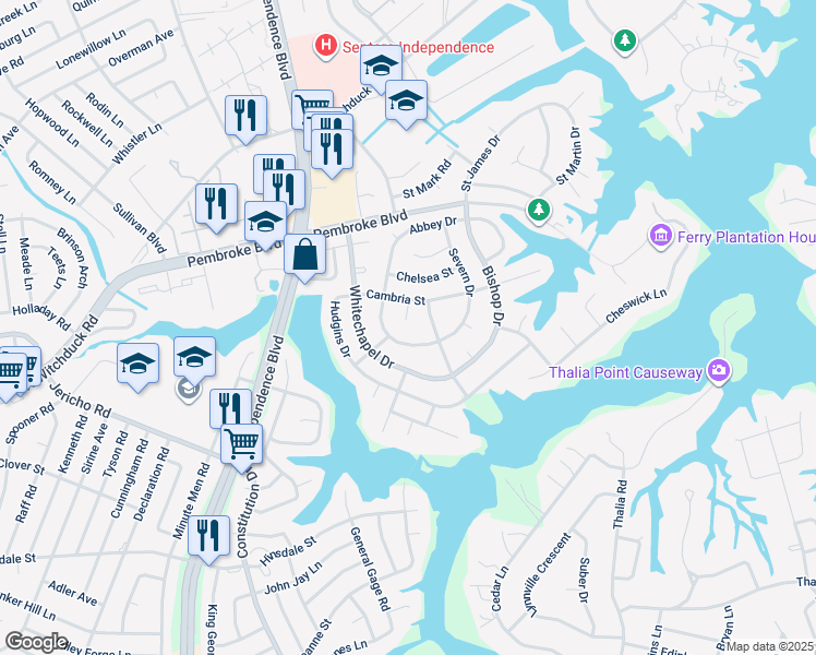 map of restaurants, bars, coffee shops, grocery stores, and more near 600 Cambria Court in Virginia Beach