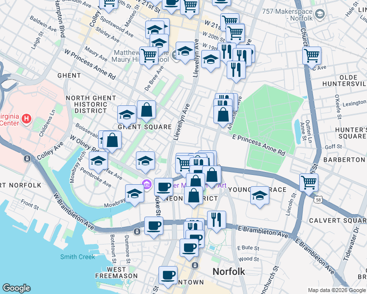 map of restaurants, bars, coffee shops, grocery stores, and more near 201 Westover Avenue in Norfolk