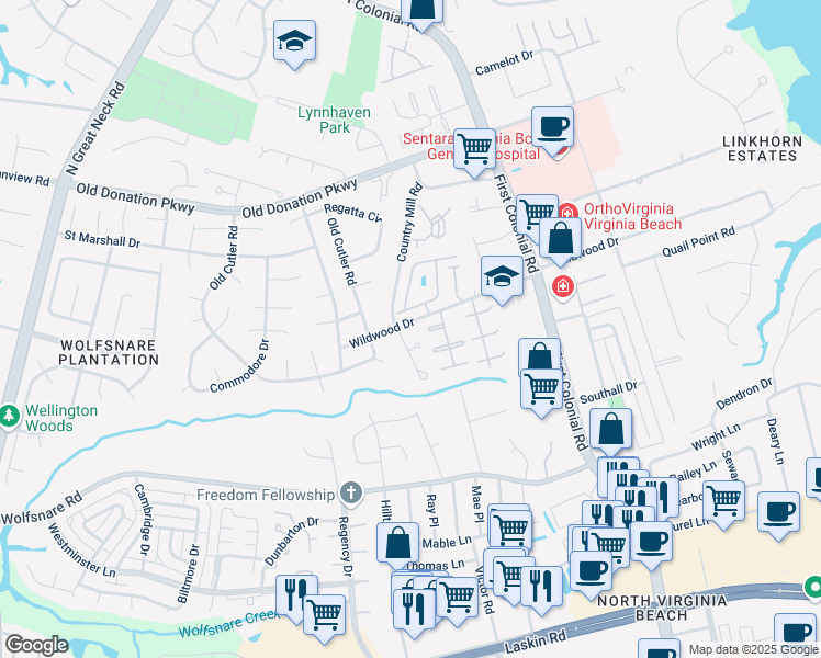 map of restaurants, bars, coffee shops, grocery stores, and more near 1889 Wildwood Drive in Virginia Beach