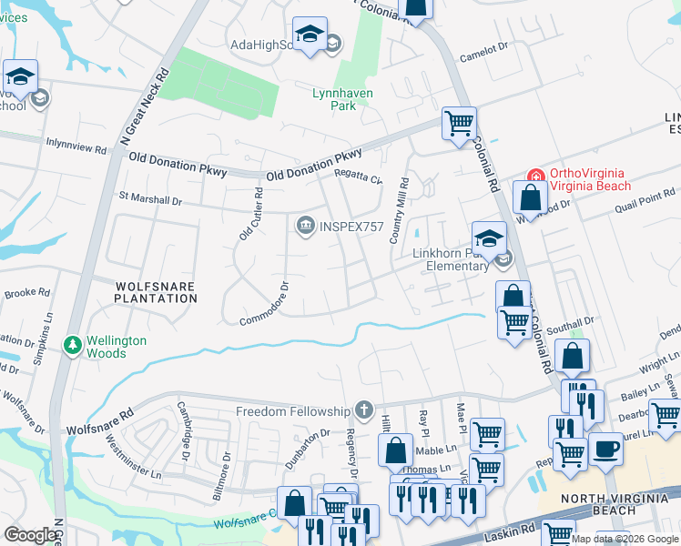 map of restaurants, bars, coffee shops, grocery stores, and more near 2101 Crew Court in Virginia Beach