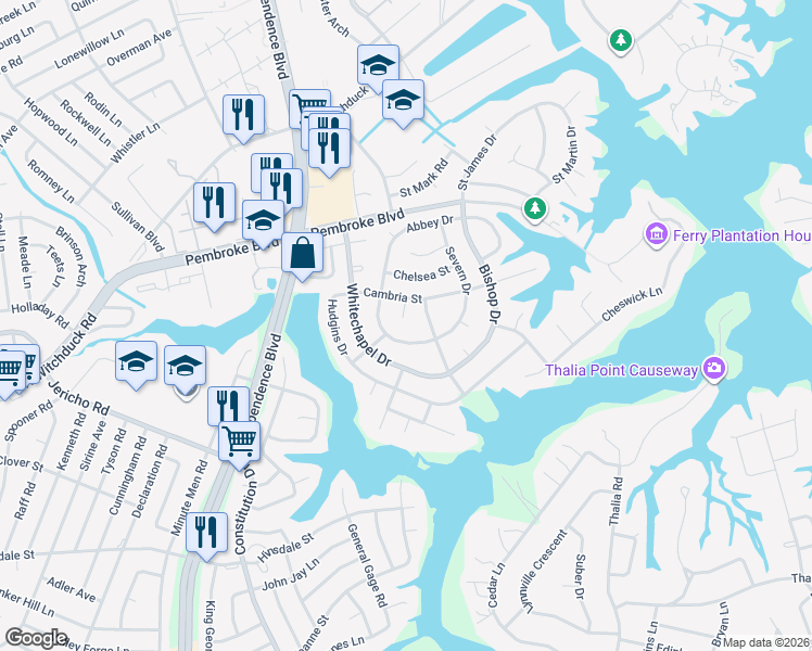 map of restaurants, bars, coffee shops, grocery stores, and more near 600 Cambria Court in Virginia Beach