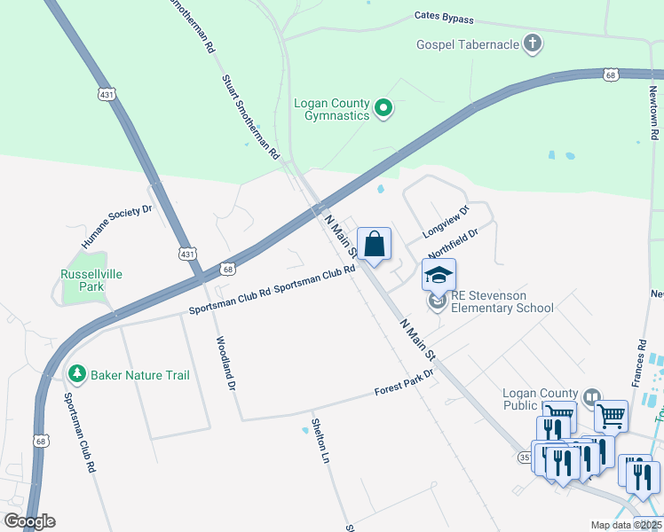 map of restaurants, bars, coffee shops, grocery stores, and more near 1037 Sportsman Club Road in Russellville
