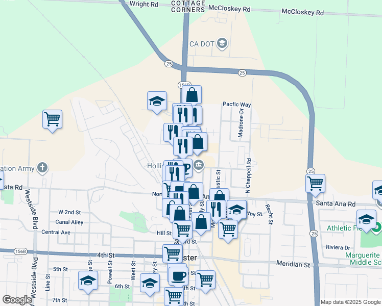 map of restaurants, bars, coffee shops, grocery stores, and more near 191 San Felipe Road in Hollister
