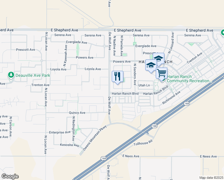 map of restaurants, bars, coffee shops, grocery stores, and more near 3406 North Trenton Lane in Clovis
