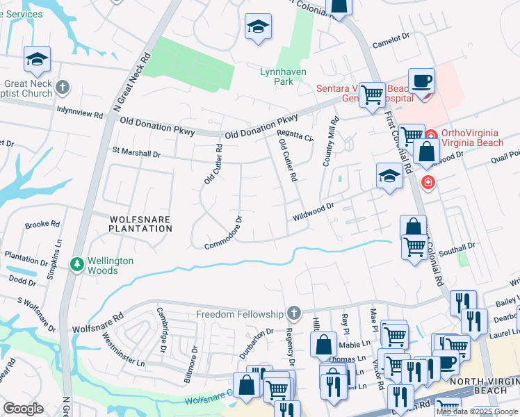 map of restaurants, bars, coffee shops, grocery stores, and more near 2100 Turnberry Cove in Virginia Beach