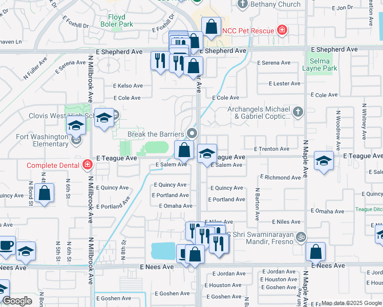 map of restaurants, bars, coffee shops, grocery stores, and more near 8525 North Cedar Avenue in Fresno