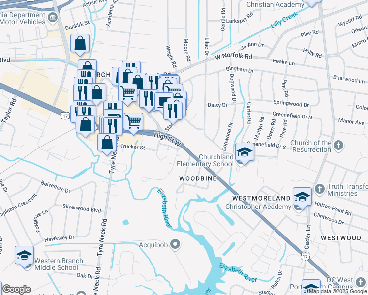 map of restaurants, bars, coffee shops, grocery stores, and more near 5624 High Street West in Portsmouth