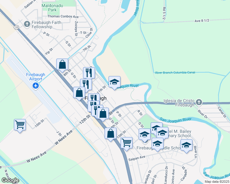 map of restaurants, bars, coffee shops, grocery stores, and more near 1191 P Street in Firebaugh
