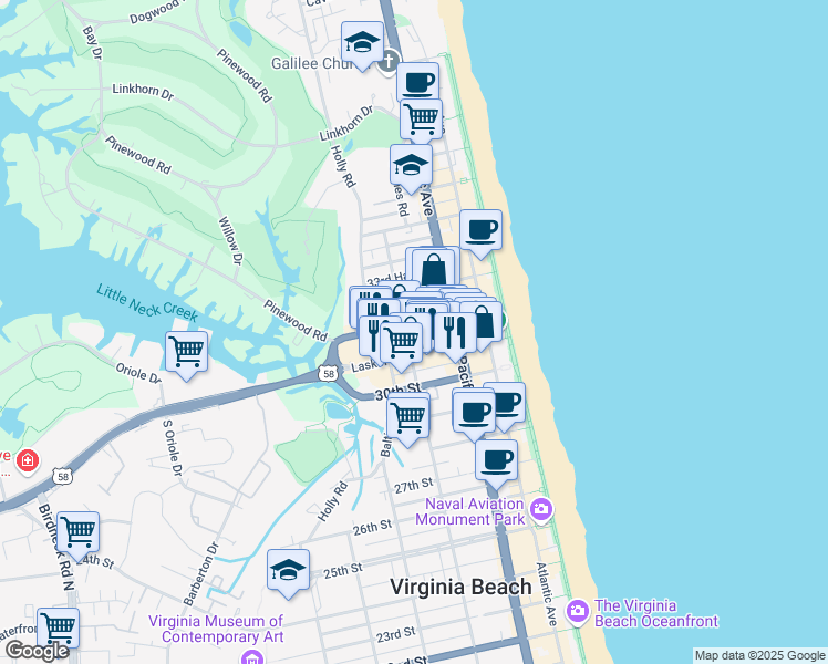 map of restaurants, bars, coffee shops, grocery stores, and more near 316 32nd Street in Virginia Beach
