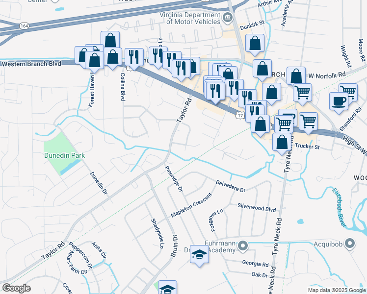 map of restaurants, bars, coffee shops, grocery stores, and more near 4248 Redfern Lane in Chesapeake