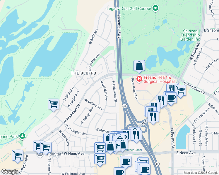 map of restaurants, bars, coffee shops, grocery stores, and more near 8531 North Calaveras Street in Fresno