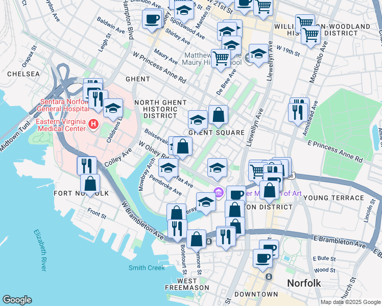 map of restaurants, bars, coffee shops, grocery stores, and more near 404 Boissevain Avenue in Norfolk