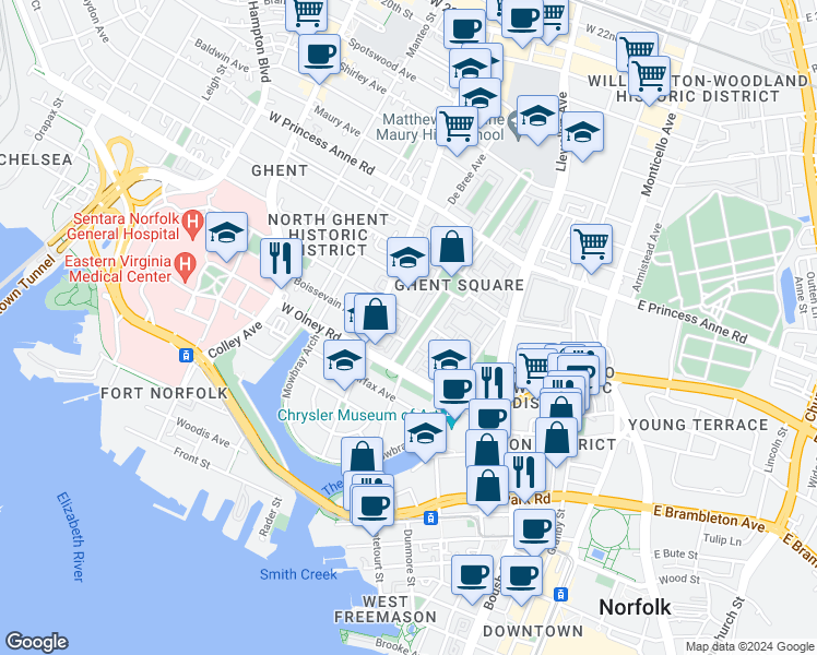 map of restaurants, bars, coffee shops, grocery stores, and more near 717 Botetourt Gardens in Norfolk