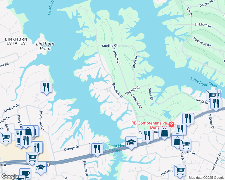 map of restaurants, bars, coffee shops, grocery stores, and more near 909 Bobolink Drive in Virginia Beach