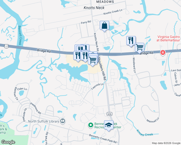 map of restaurants, bars, coffee shops, grocery stores, and more near 3575 Bridge Road in Suffolk
