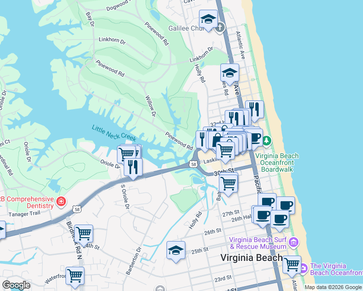 map of restaurants, bars, coffee shops, grocery stores, and more near 100 Pinewood Road in Virginia Beach