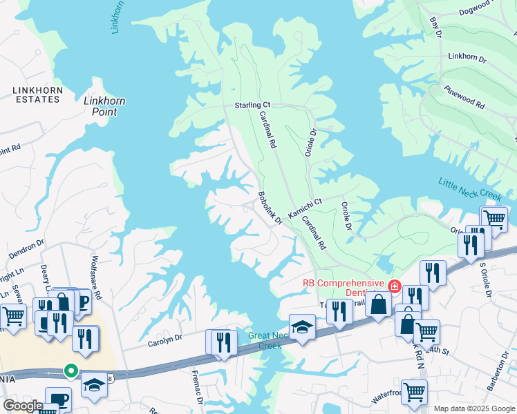 map of restaurants, bars, coffee shops, grocery stores, and more near 909 Bobolink Drive in Virginia Beach
