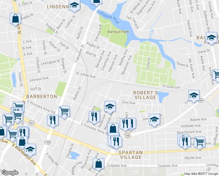 map of restaurants, bars, coffee shops, grocery stores, and more near 1445 Maltby Avenue in Norfolk