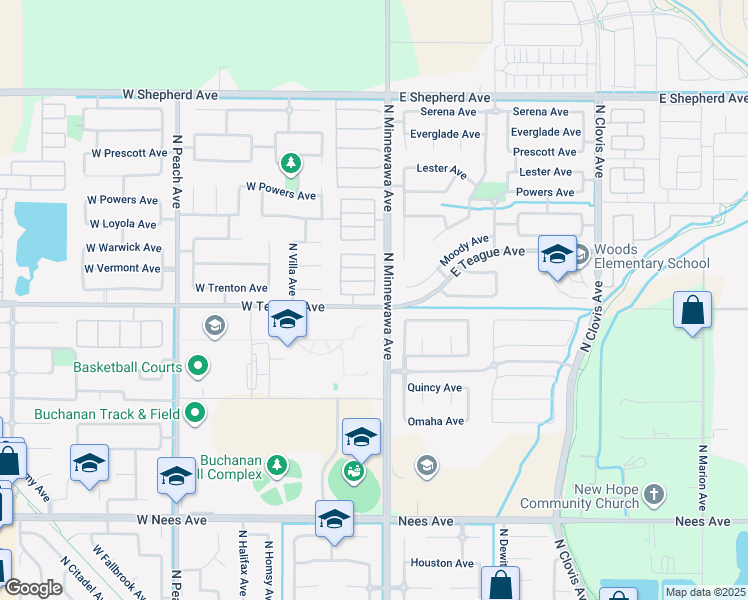 map of restaurants, bars, coffee shops, grocery stores, and more near 42 West Barcelona Lane in Clovis