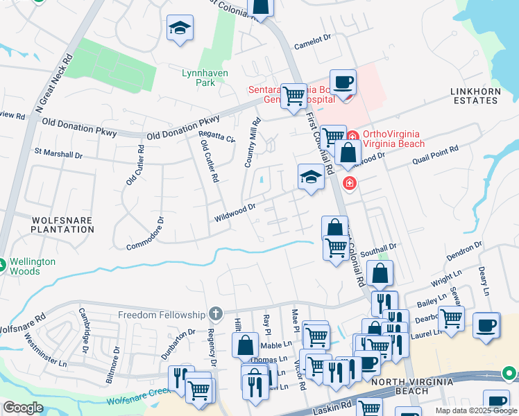 map of restaurants, bars, coffee shops, grocery stores, and more near 1889 Wildwood Drive in Virginia Beach