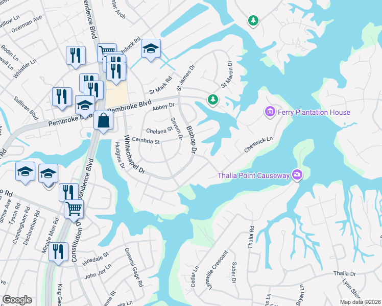 map of restaurants, bars, coffee shops, grocery stores, and more near 633 Bishop Drive in Virginia Beach
