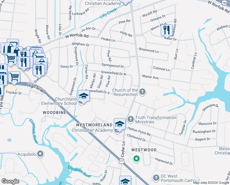map of restaurants, bars, coffee shops, grocery stores, and more near 5516 Greenefield Drive South in Portsmouth