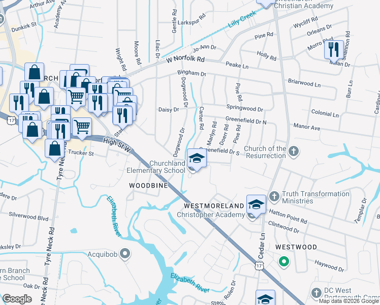 map of restaurants, bars, coffee shops, grocery stores, and more near 5633 Greenefield Drive South in Portsmouth