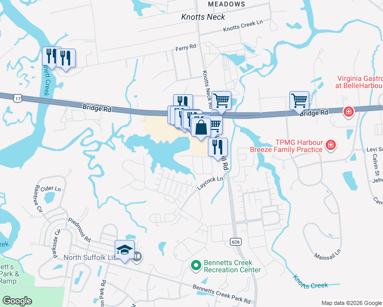map of restaurants, bars, coffee shops, grocery stores, and more near 5635 County Road 626 in Suffolk