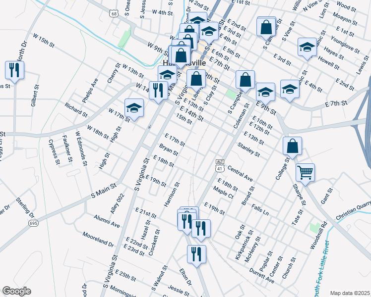 map of restaurants, bars, coffee shops, grocery stores, and more near 1700-1714 S Clay St in Hopkinsville