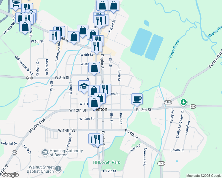 map of restaurants, bars, coffee shops, grocery stores, and more near 905 Elm Street in Benton
