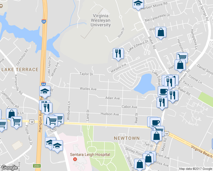 map of restaurants, bars, coffee shops, grocery stores, and more near 1209 George Street in Norfolk