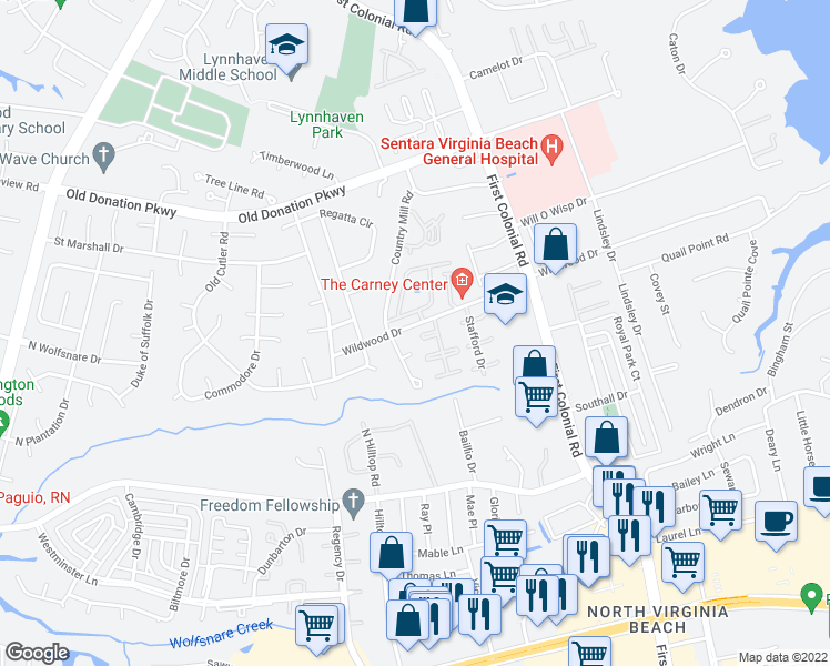 map of restaurants, bars, coffee shops, grocery stores, and more near 1889 Wildwood Drive in Virginia Beach