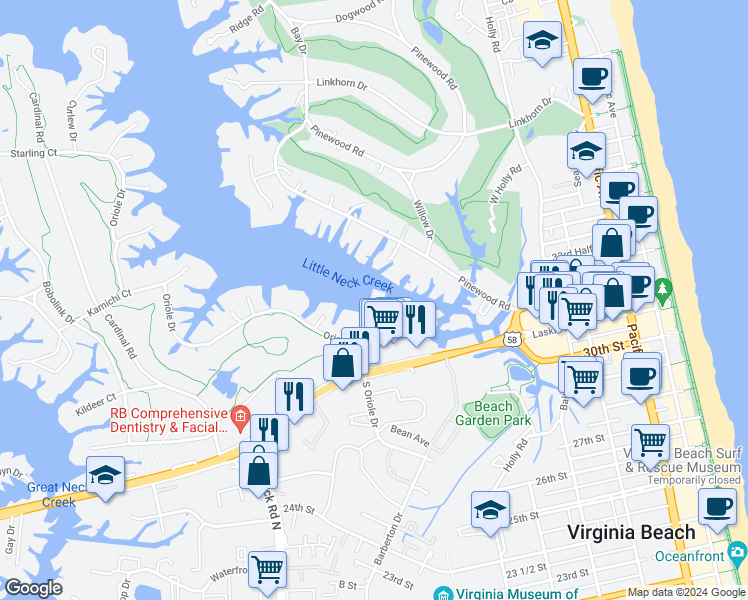 map of restaurants, bars, coffee shops, grocery stores, and more near 700 Oriole Drive in Virginia Beach