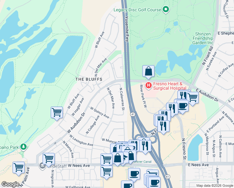 map of restaurants, bars, coffee shops, grocery stores, and more near 8531 North Calaveras Street in Fresno