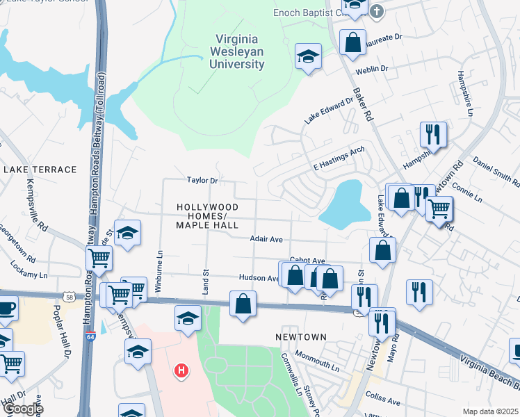 map of restaurants, bars, coffee shops, grocery stores, and more near 1214 George Street in Norfolk