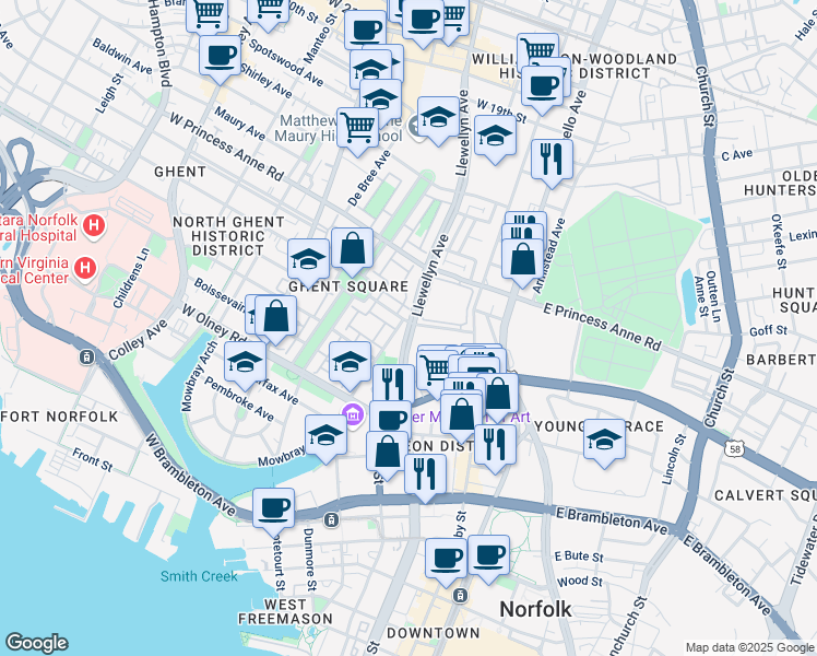 map of restaurants, bars, coffee shops, grocery stores, and more near 207 Westover Avenue in Norfolk