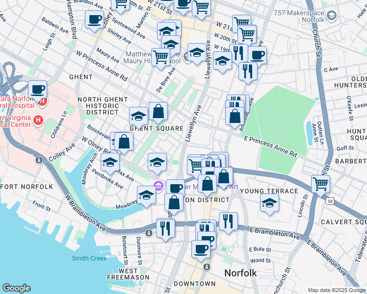 map of restaurants, bars, coffee shops, grocery stores, and more near 207 Westover Avenue in Norfolk