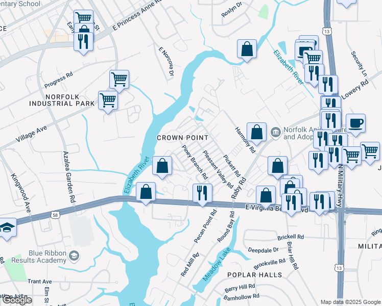 map of restaurants, bars, coffee shops, grocery stores, and more near 5348 Marlfield Drive in Norfolk