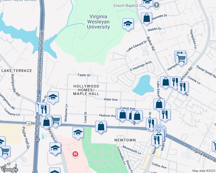 map of restaurants, bars, coffee shops, grocery stores, and more near 1214 George Street in Norfolk