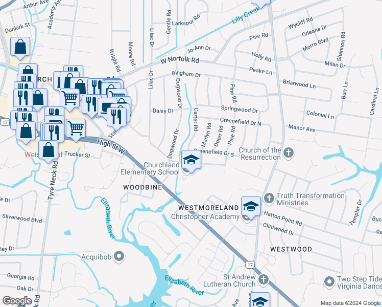 map of restaurants, bars, coffee shops, grocery stores, and more near 5633 Greenefield Drive South in Portsmouth